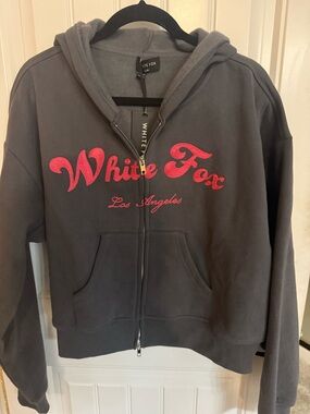 White Fox Boutique Gray Zip-Up Hoodie with Pink Logo Embroidered